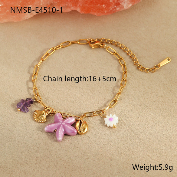 Fashion Marine Holiday Stainless Steel Bracelet With Starfish Conch Shell Geometric Pattern For Women Electroplated High Color Retention