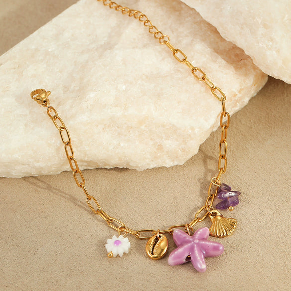 Fashion Marine Holiday Stainless Steel Bracelet With Starfish Conch Shell Geometric Pattern For Women Electroplated High Color Retention