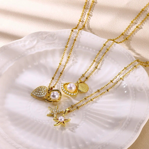 Fashion Marine Series Openable Shell Shape Imitation Pearl Stainless Steel 18K Electroplated Necklace
