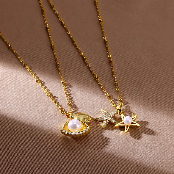 Fashion Marine Series Openable Shell Shape Imitation Pearl Stainless Steel 18K Electroplated Necklace