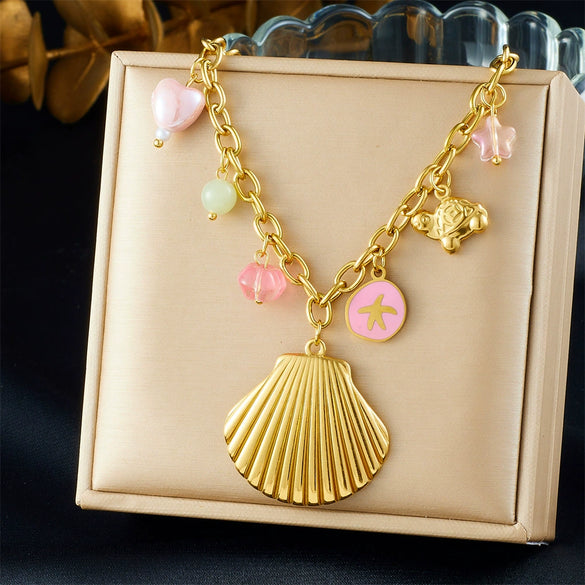 Fashion Marine Series Scallop Starfish Turtle Peach Heart Pendant Goldplated Stainless Steel Necklace