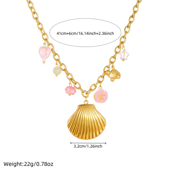 Fashion Marine Series Scallop Starfish Turtle Peach Heart Pendant Goldplated Stainless Steel Necklace