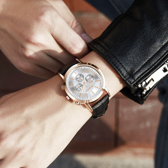 Fashion Men's Metal Leather Belt Quartz Watch With Round Dial And Mineral Strengthened Glass Mirror