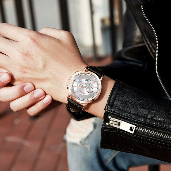 Fashion Men's Metal Leather Belt Quartz Watch With Round Dial And Mineral Strengthened Glass Mirror
