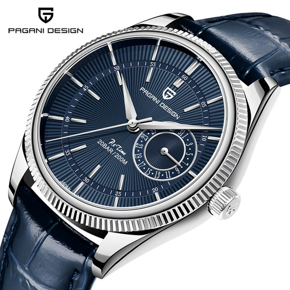 Fashion Men's Watch With Stainless Steel Case And Leather Strap Sapphire Crystal Glass Mirror Round Dial Spiral Crown Pin Buckle