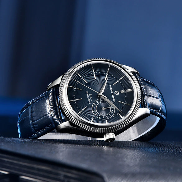 Fashion Men's Watch With Stainless Steel Case And Leather Strap Sapphire Crystal Glass Mirror Round Dial Spiral Crown Pin Buckle