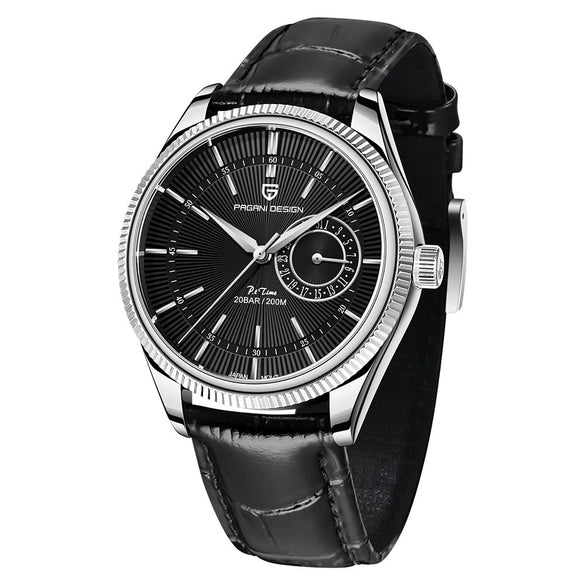 Fashion Men's Watch With Stainless Steel Case And Leather Strap Sapphire Crystal Glass Mirror Round Dial Spiral Crown Pin Buckle