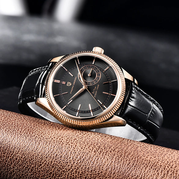 Fashion Men's Watch With Stainless Steel Case And Leather Strap Sapphire Crystal Glass Mirror Round Dial Spiral Crown Pin Buckle