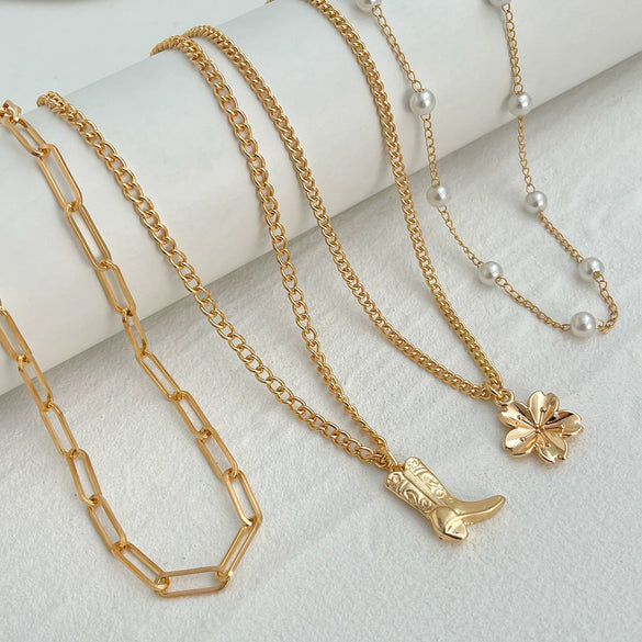 Fashion Metal Flower Geometric Alloy Imitation Pearl Electroplated Necklace For Women