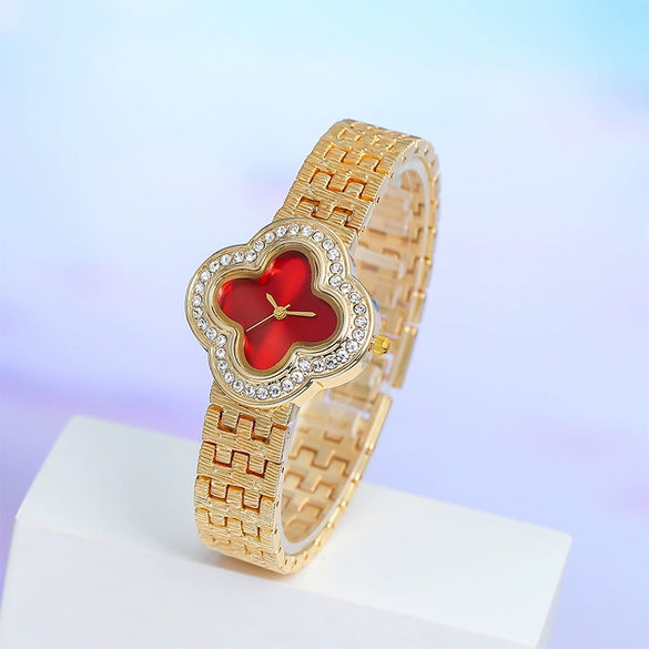 Fashion Metal Fourleaf Clover Women's Quartz Watch With Diamond Embedded And Copper Buckle