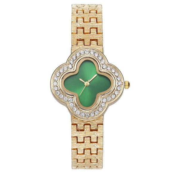 Fashion Metal Fourleaf Clover Women's Quartz Watch With Diamond Embedded And Copper Buckle