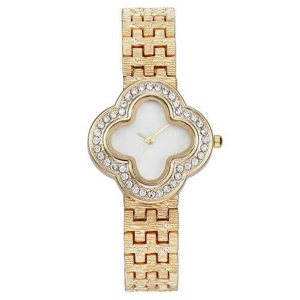 Fashion Metal Fourleaf Clover Women's Quartz Watch With Diamond Embedded And Copper Buckle