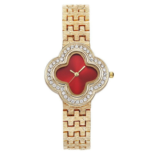 Fashion Metal Fourleaf Clover Women's Quartz Watch With Diamond Embedded And Copper Buckle