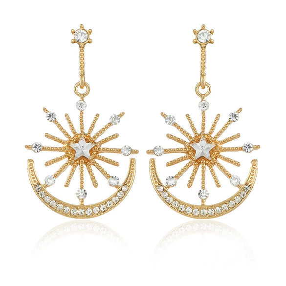 Fashion Metal Handmade Women's Earrings With Sun Goddess Star Moon Rhinestone Design