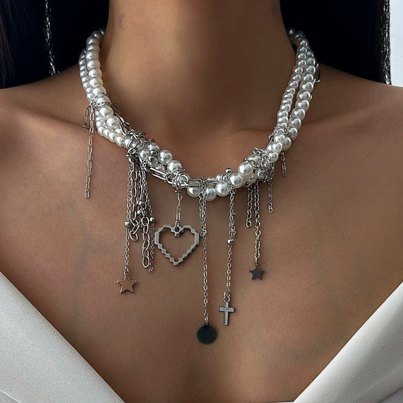 Fashion Metal Star Moon Tassel Heartshaped Imitation Pearl Wrap Necklace Alloy Electroplated