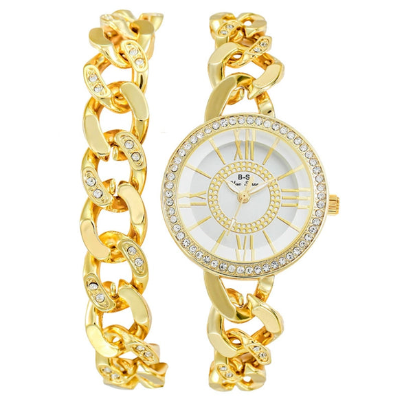 Fashion Metal Women's Diamondencrusted Quartz Watch Set With Bracelet And Round Dial