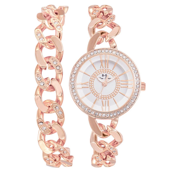 Fashion Metal Women's Diamondencrusted Quartz Watch Set With Bracelet And Round Dial