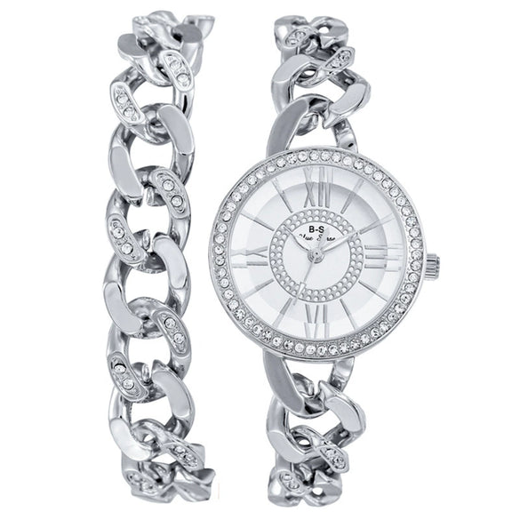 Fashion Metal Women's Diamondencrusted Quartz Watch Set With Bracelet And Round Dial