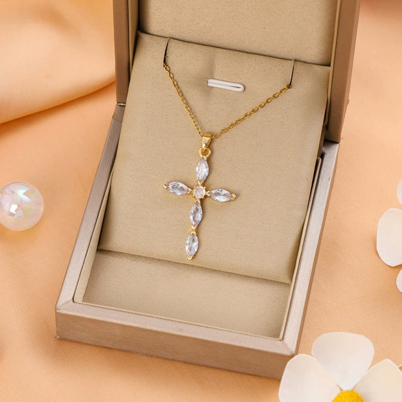 Fashion Microembedded Cross Necklace Titanium Steel Mixed Gem Inlay Geometric Ochain Electroplating Unisex