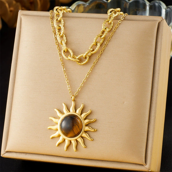 Fashion Minimalist Geometric Stainless Steel Tiger Eye Stone Sun Pendant Doublelayered Necklace With Electroplating For Women