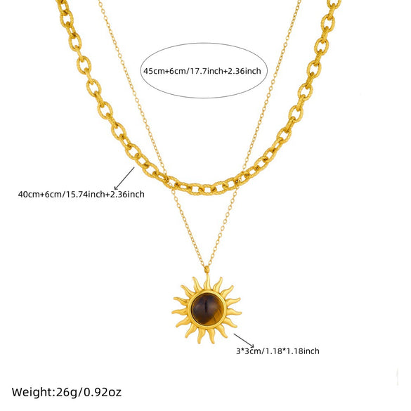 Fashion Minimalist Geometric Stainless Steel Tiger Eye Stone Sun Pendant Doublelayered Necklace With Electroplating For Women