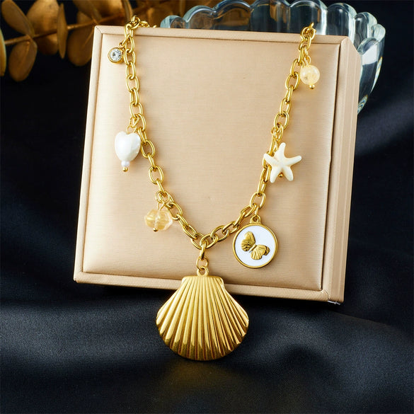 Fashion Minimalist Stainless Steel Goldplated Shell Round Threedimensional Butterfly Starfish Pendant Chain Necklace For Women