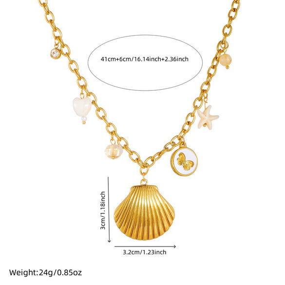 Fashion Minimalist Stainless Steel Goldplated Shell Round Threedimensional Butterfly Starfish Pendant Chain Necklace For Women