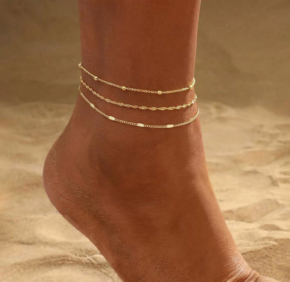 Fashion Multi Layer Bowknot Beaded Copper Anklet Geometric Foot Jewelry Unisex Accessory