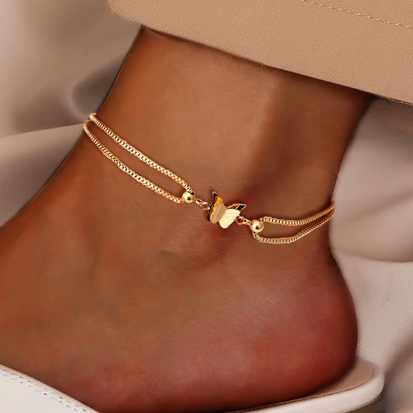 Fashion Multi Layer Bowknot Beaded Copper Anklet Geometric Foot Jewelry Unisex Accessory
