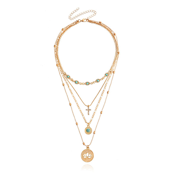 Fashion Multi Layer Small Hole Chain Hollow Flower Diamond Cross Pendant Necklace For Women Alloy Material Geometric Pattern Electroplating Design
