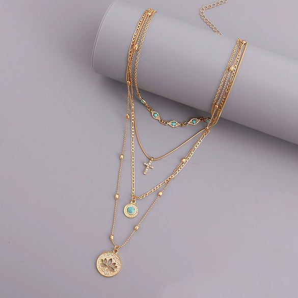 Fashion Multi Layer Small Hole Chain Hollow Flower Diamond Cross Pendant Necklace For Women Alloy Material Geometric Pattern Electroplating Design