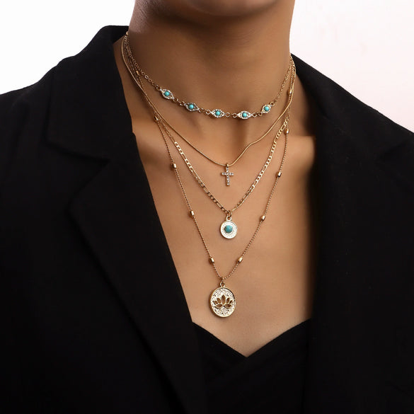 Fashion Multi Layer Small Hole Chain Hollow Flower Diamond Cross Pendant Necklace For Women Alloy Material Geometric Pattern Electroplating Design