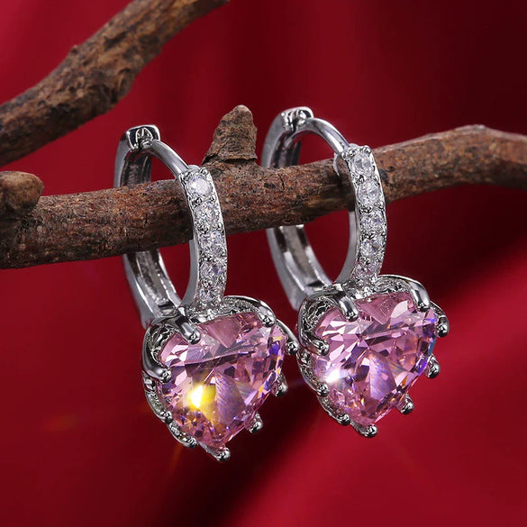 Fashion Multicolor Zircon Love Earrings Temperament Peach Heart Crystal Jewelry Made Of Copper With Geometry Design