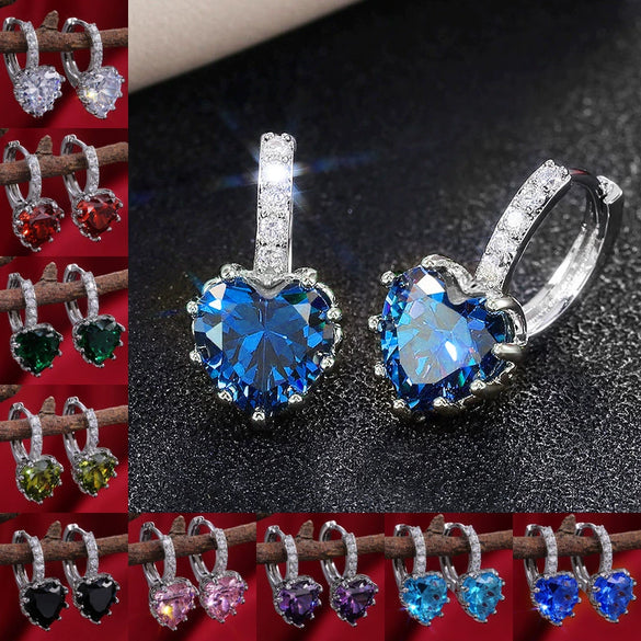 Fashion Multicolor Zircon Love Earrings Temperament Peach Heart Crystal Jewelry Made Of Copper With Geometry Design