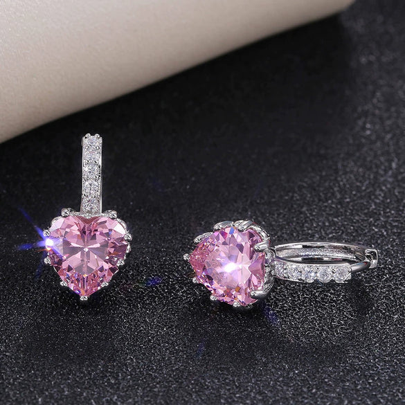 Fashion Multicolor Zircon Love Earrings Temperament Peach Heart Crystal Jewelry Made Of Copper With Geometry Design