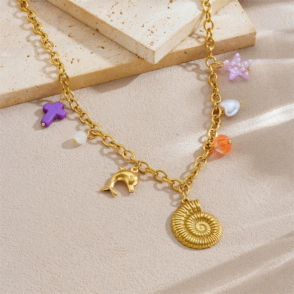 Fashion Multielement Pendant Necklace Stainless Steel Goldplated With Animal Zodiac Shapes For Women
