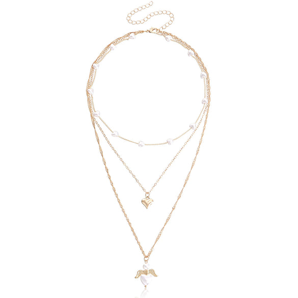 Fashion Multilayer Heartshaped Pearl Angel Wings Alloy Necklace For Female With Electroplating Treatment