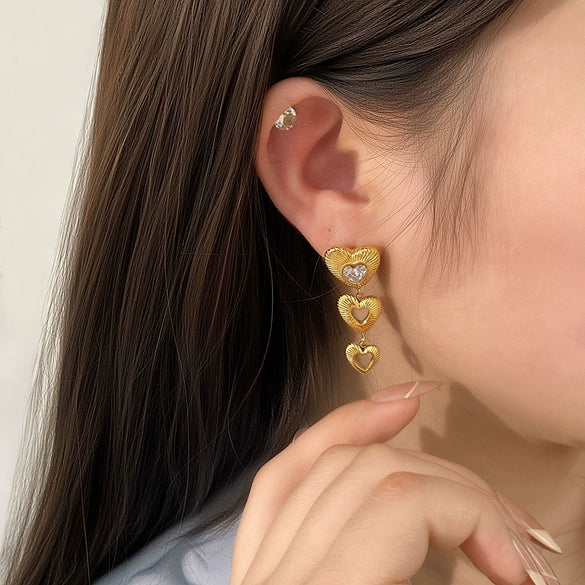 Fashion Multilayer Love Heartshaped Zircon Tassel Earrings Stainless Steel 18K Gold Plated Furnace Vacuum Plated Waterproof For Women