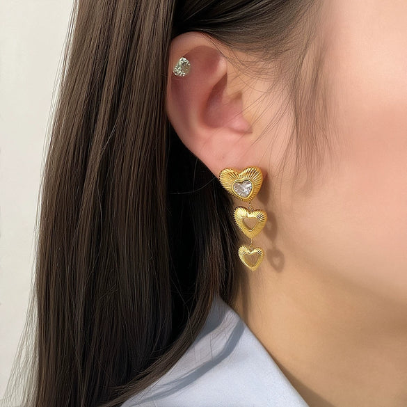 Fashion Multilayer Love Heartshaped Zircon Tassel Earrings Stainless Steel 18K Gold Plated Furnace Vacuum Plated Waterproof For Women