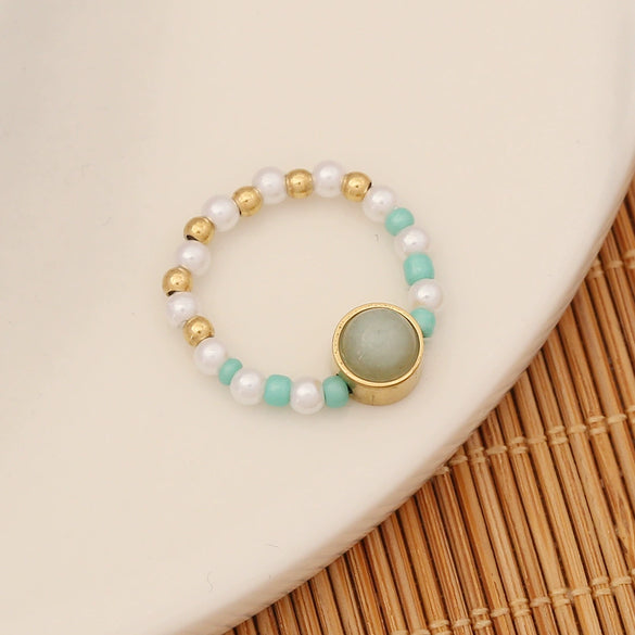 Fashion Natural Stone Ring And Pearl Bracelet Handmade Stainless Steel Jewelry