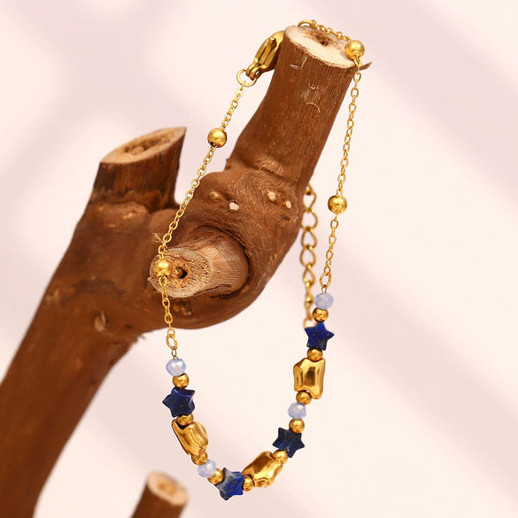 Fashion Niche Design Personality Creative Women's Stainless Steel 18K Gold Plated Bead Fivepointed Star Geometric Bracelet