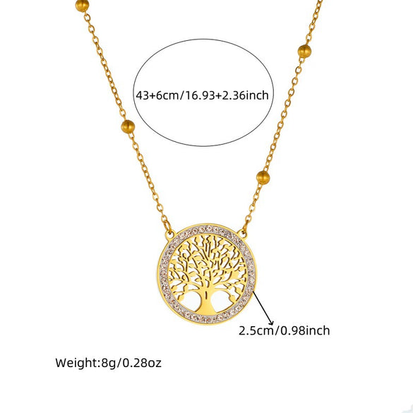 Fashion Niche Design Round Hollow Tree Of Life Pendant Stainless Steel Earrings Necklace Set With Electroplating