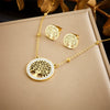 Fashion Niche Design Round Hollow Tree Of Life Pendant Stainless Steel Earrings Necklace Set With Electroplating