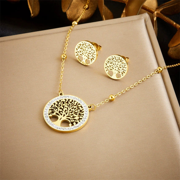 Fashion Niche Design Round Hollow Tree Of Life Pendant Stainless Steel Earrings Necklace Set With Electroplating