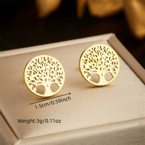 Fashion Niche Design Round Hollow Tree Of Life Pendant Stainless Steel Earrings Necklace Set With Electroplating