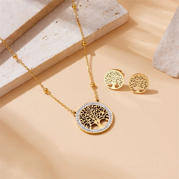 Fashion Niche Design Round Hollow Tree Of Life Pendant Stainless Steel Earrings Necklace Set With Electroplating