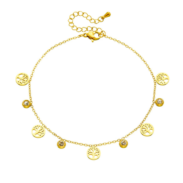 Fashion Niche Design Stainless Steel Anklet With Geometric Pattern Hollow Round Life Tree Cross Pendant And Diamond Encrusted