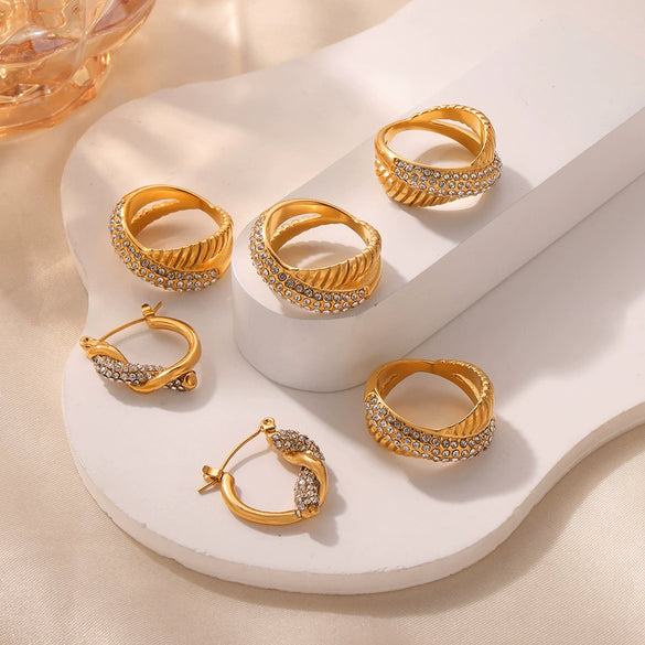 Fashion Niche Design 316L Stainless Steel Goldplated Ring Earrings Jewelry Set For Women