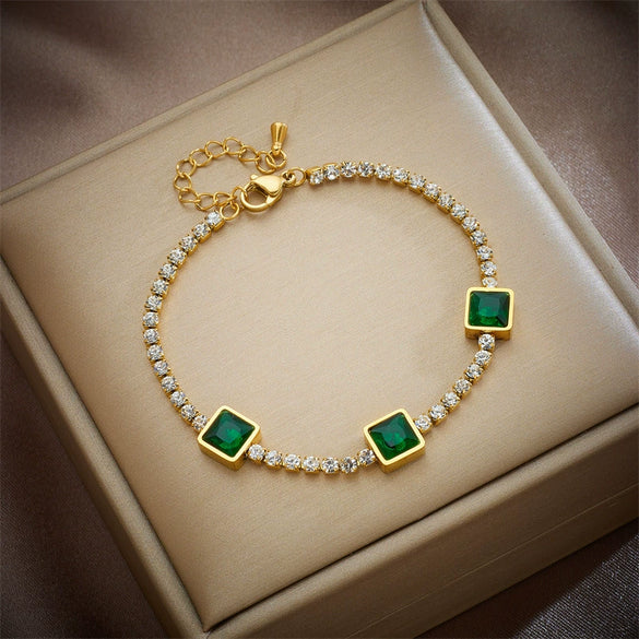Fashion Niche Diamond Square Emerald Gem Pendant Titanium Steel Jewelry Bracelet With Geometric Pattern And Electroplating Treatment