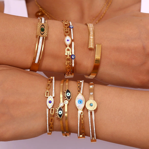 Fashion Niche Popular Stainless Steel Bracelet 18K Gold Plated Microset Devil's Eye Spring Buckle Geometric Style